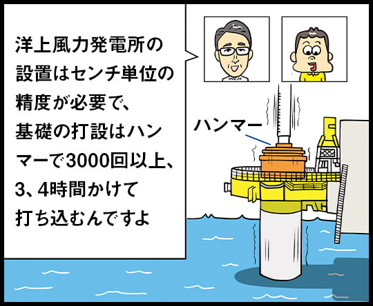 洋上風力発電所の設置はセンチ単位の精度が必要で、基礎の打設はハンマーで3000回以上、3、4時間かけて打ち込むんですよ