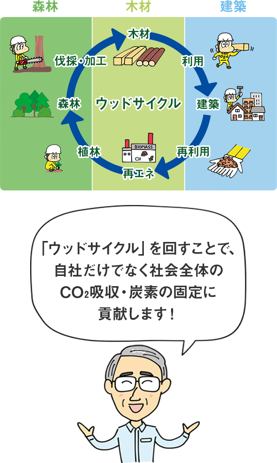 「ウッドサイクル」を回すことで、自社だけでなく社会全体のCO2吸収・炭素の固定に貢献します！