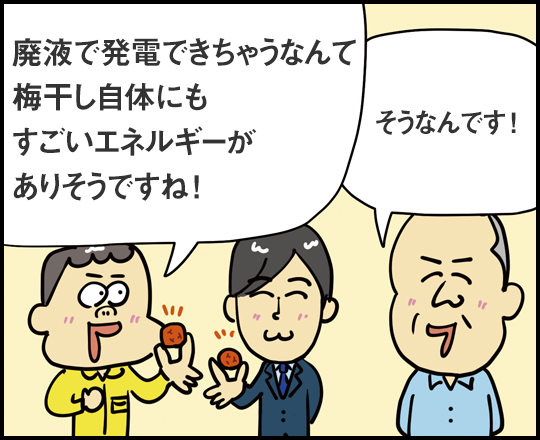 廃液で発電できちゃうなんて梅干し自体にもすごいエネルギーがありそうですね！ そうなんです！