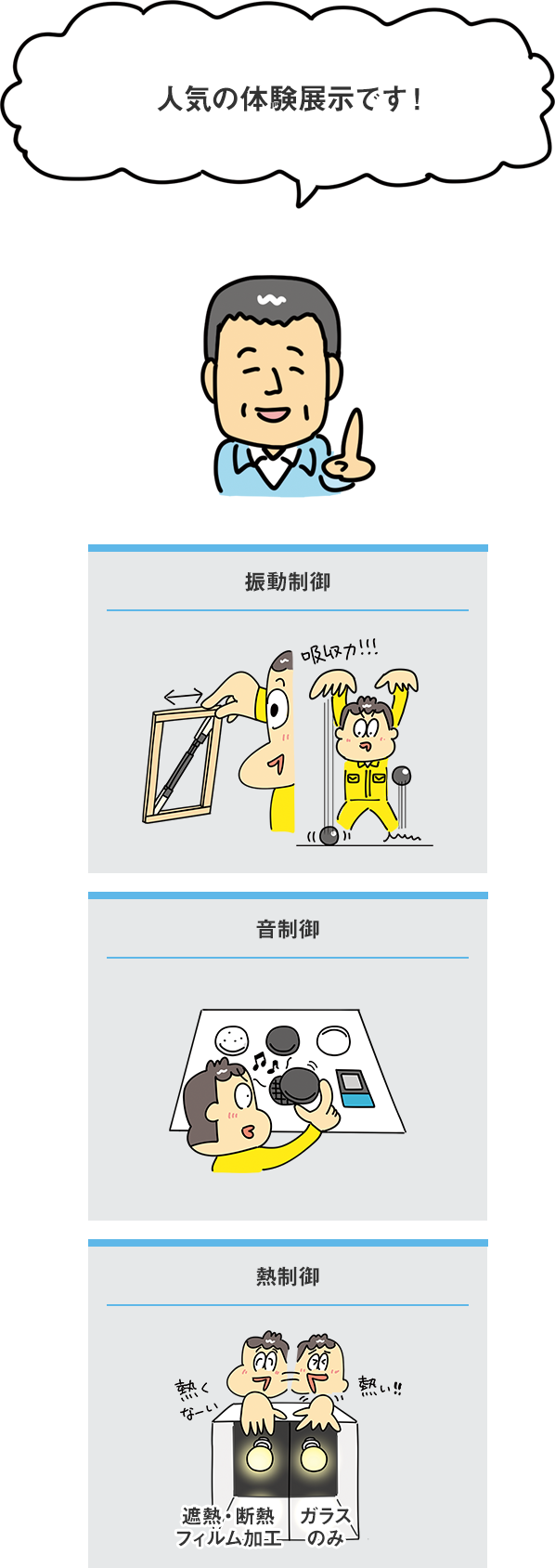 人気の体験展示 振動制御、音制御、熱制御