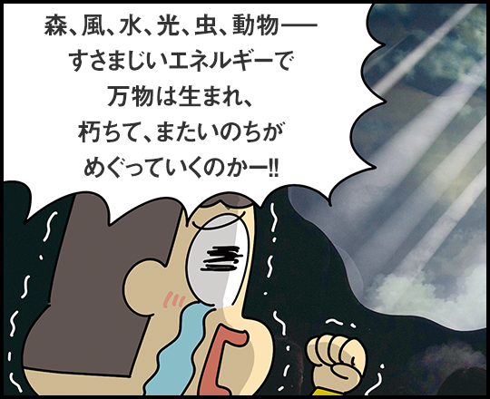 「森、風、水、光、虫、動物――すさまじいエネルギーで万物は生まれ、朽ちて、またいのちがめぐっていくのかー！！」