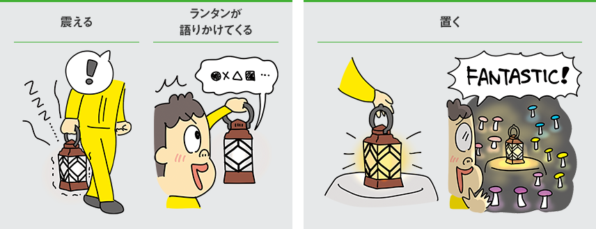 ランタンの不思議な機能を示すイラスト。震える、ランタンが話しかけてくる、置くと周囲が光り『FANTASTIC!』