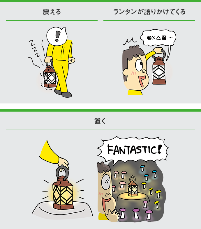ランタンの不思議な機能を示すイラスト。震える、ランタンが話しかけてくる、置くと周囲が光り『FANTASTIC!』