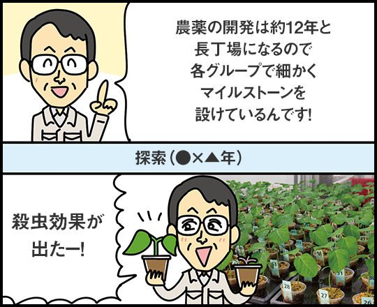「農薬の開発は約12年と長丁場になるので各グループで細かくマイルストーンを設けているんです！」探索（●×▲年）「殺虫効果が出たー！」