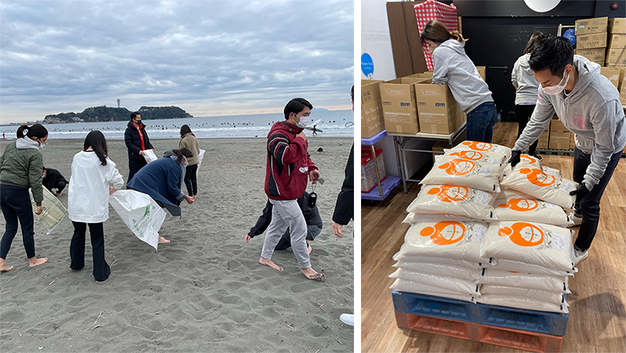 Seventh Touch Happy campaign “Marine Plastic Pollution”: Beach clean-up by UMINARI (left) Eighth Touch Happy campaign “Food Bank”: Food pantry volunteers by Second Harvest Japan (right) 