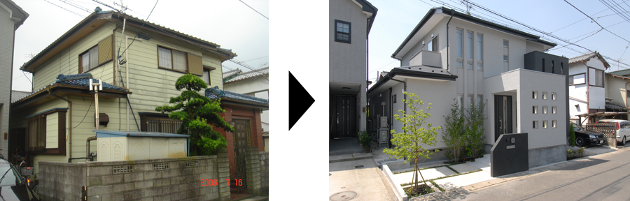 Example of a <i>Shinchiku Sokkurisan</i> project in Saitama Prefecture: House constructed 28 years ago before remodeling (left) and after remodeling (right)