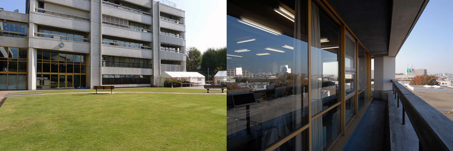 Mitaka City Hall, built in 1965, has many windows. About 1,000 were replaced gradually during a renovation carried out without disrupting daily operations.