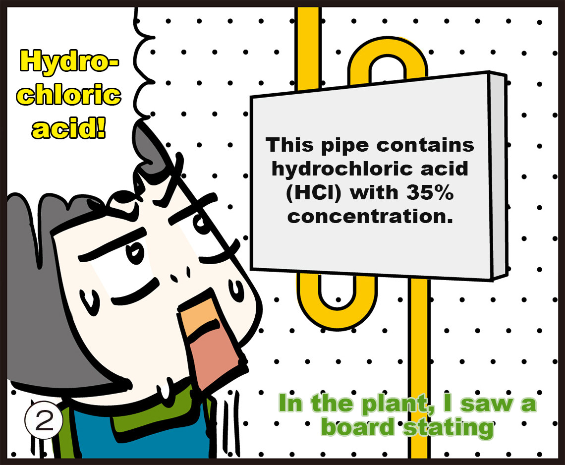 In the plant, I saw a board stating... Hydrochloric acid!