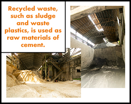 Recycled waste, such as sludge and waste plastics, is used as rawmaterials of cement.