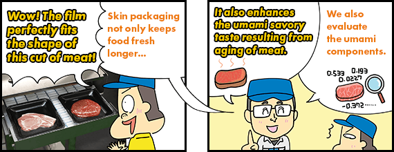 Wow! The film perfectly fits the shape of this cut of meat! Skin packaging not only keeps food fresh longer… It also enhances the umami savory taste resulting from aging of meat. We also evaluate the umami components.