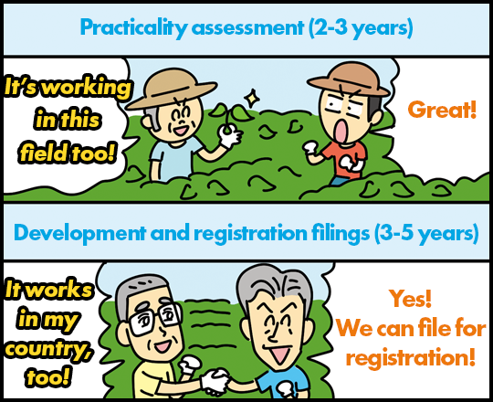 Practicality assessment (2-3 years) “It’s working in this field too!” “Great!” Development and registration filings (3-5 years) “It works in my country, too!” “Yes! We can file for registration!”