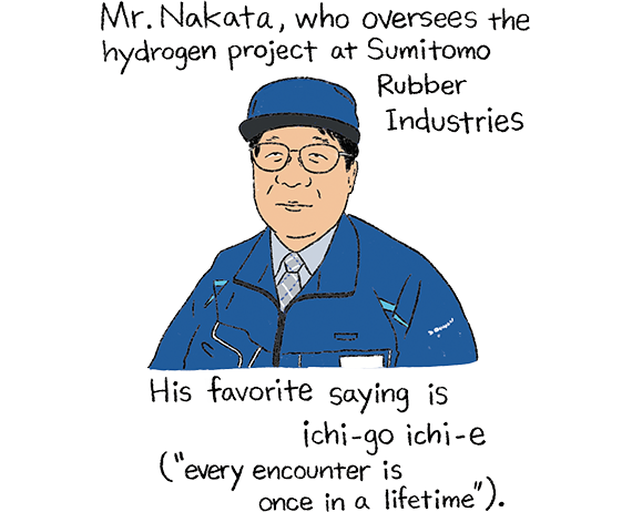 イラスト： 住友ゴム水素プロジェクト担当の中田さんのイラスト。青い作業着とキャップを着用し、眼鏡をかけた男性。好きな言葉は「一期一会」。