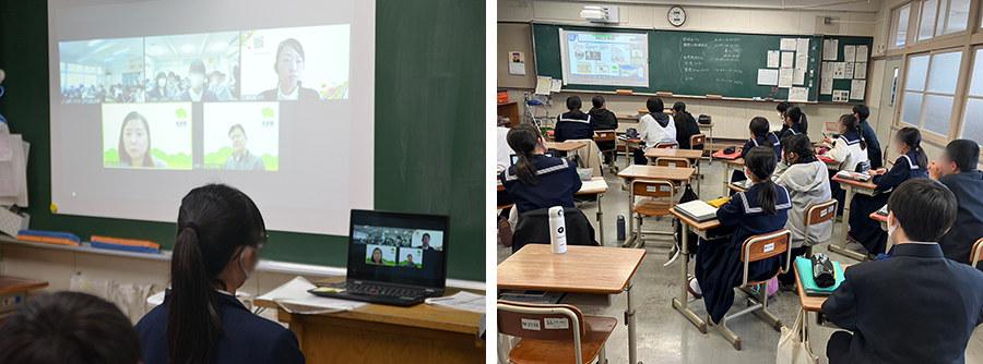 Junior high school students listening to Mr. Ikeda’s presentation