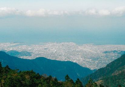 View of Niihama City and Seto Inland Sea from the Dozangoe Pass, which is the highest point of the Besshi Copper Mines