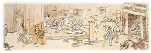 A pit mouth and a bathhouse depicted in the Besshi Copper Mine Picture Scroll
