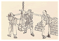 A woodblock print showing the weighing of copper bars