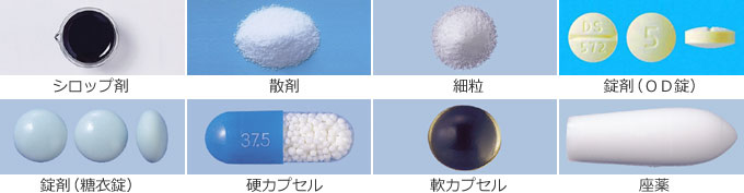 シロップ剤、散剤、細粒、錠剤（OD錠）、錠剤（糖衣錠）、硬カプセル、軟カプセル、座薬